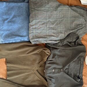 Assorted clothes. Green tops and CheckeredPants, Denim skirt midi